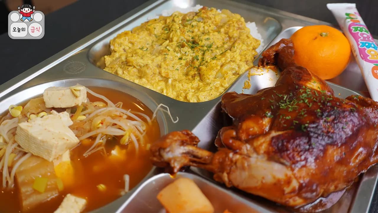 잼민이 급식 세트 (버터계란카레, 김치콩나물국, 고추장 바베큐 통다리)